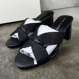 Anne Klein Akaubrie Black Raffia Braided Strappy Block Heel Sandals Women’s 8.5M